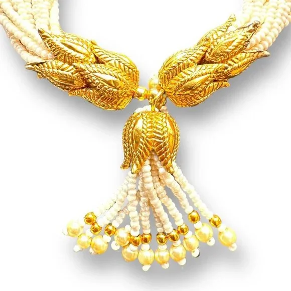 Indian Jewelry Lariat Tassel Necklace with Faux Mini Pearls accented with Leaf D - Picture 4 of 8